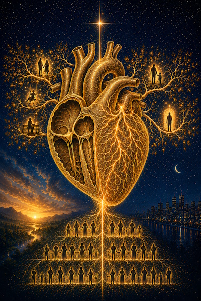 Illustration : un cœur humain doré dont les artères se prolongent en branches d'arbre dans un ciel étoilé, et les veines en racines lumineuses reliant plusieurs générations.
